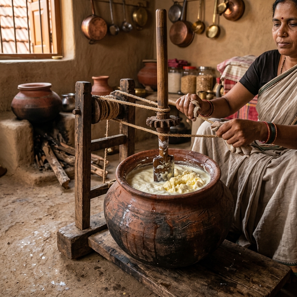 Traditional two-way wooden bilona churning cultured curd in earthen matka pot to make A2 ghee