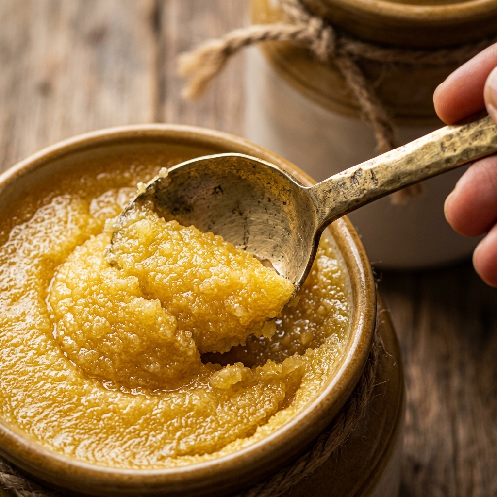 Close-up granular golden A2 ghee crystalline texture showing danedar grains from slow wood-fire cooking