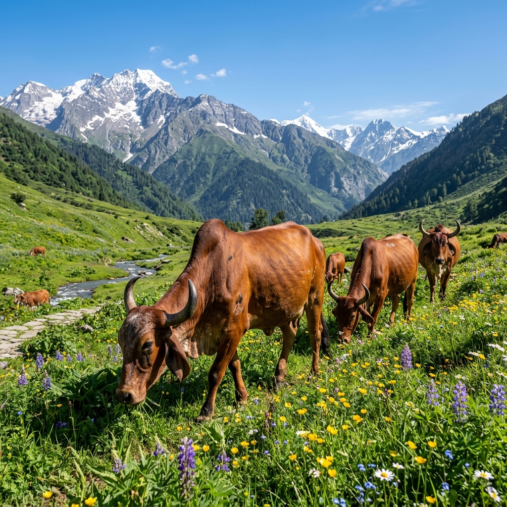 Indigenous humpbacked Gir cows grazing freely in high Himalayan meadows above 2000m altitude
