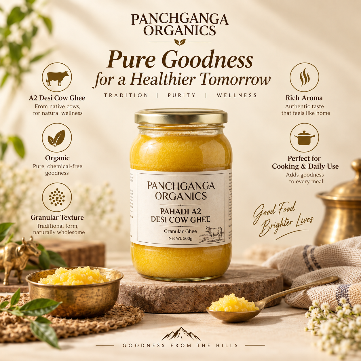 Panchganga Organics Pahadi A2 Desi Cow Ghee — Traditional Vedic Packaging