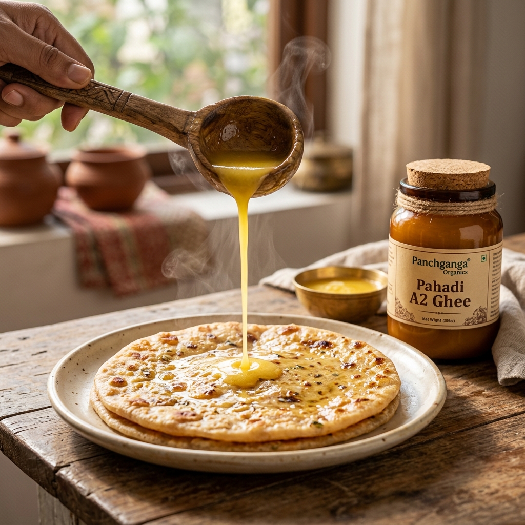 Steaming golden liquid A2 Ghee pouring over fresh hot Indian rotis — Panchganga Organics