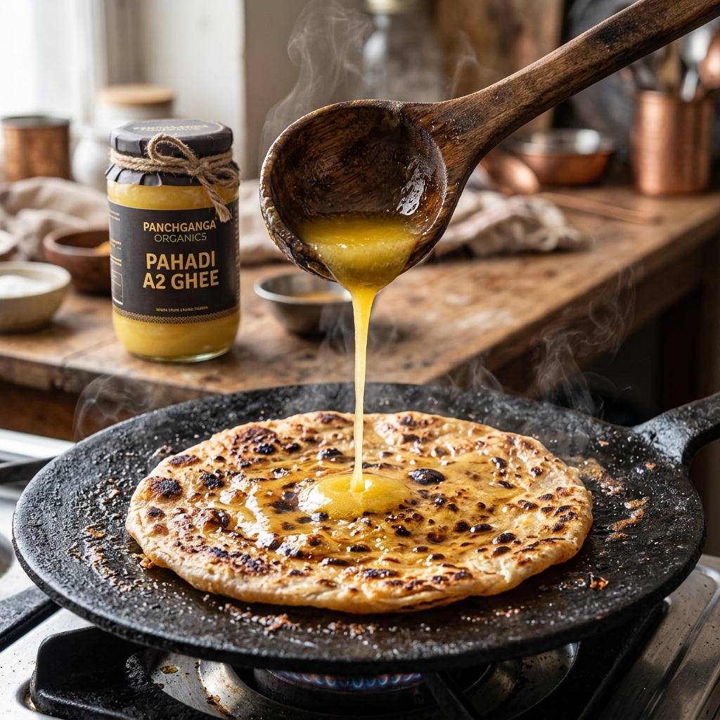 Golden liquid A2 Ghee pouring from wooden ladle onto sizzling hot paratha on cast iron tawa