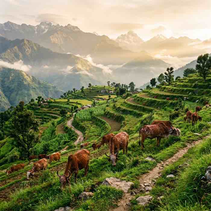 Lush green Pahadi cow farm in Himalayan valley with Gir cows grazing on mountain herbs
